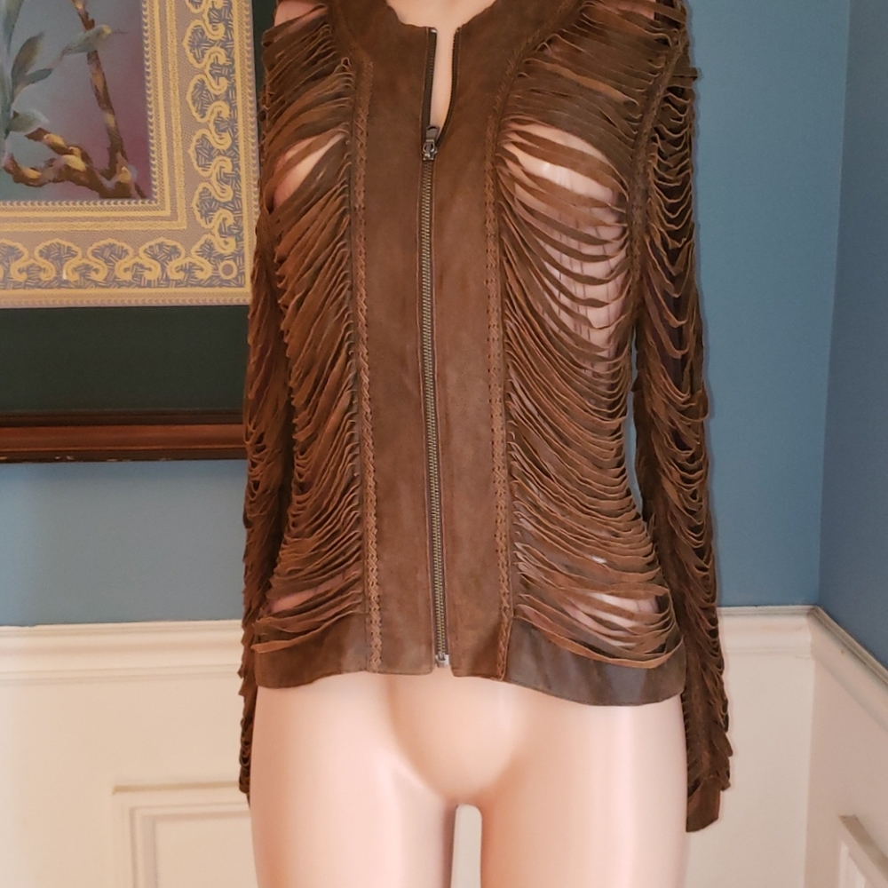 Natto leather shredded slashed mesh fringe jacket - Picture 1 of 12